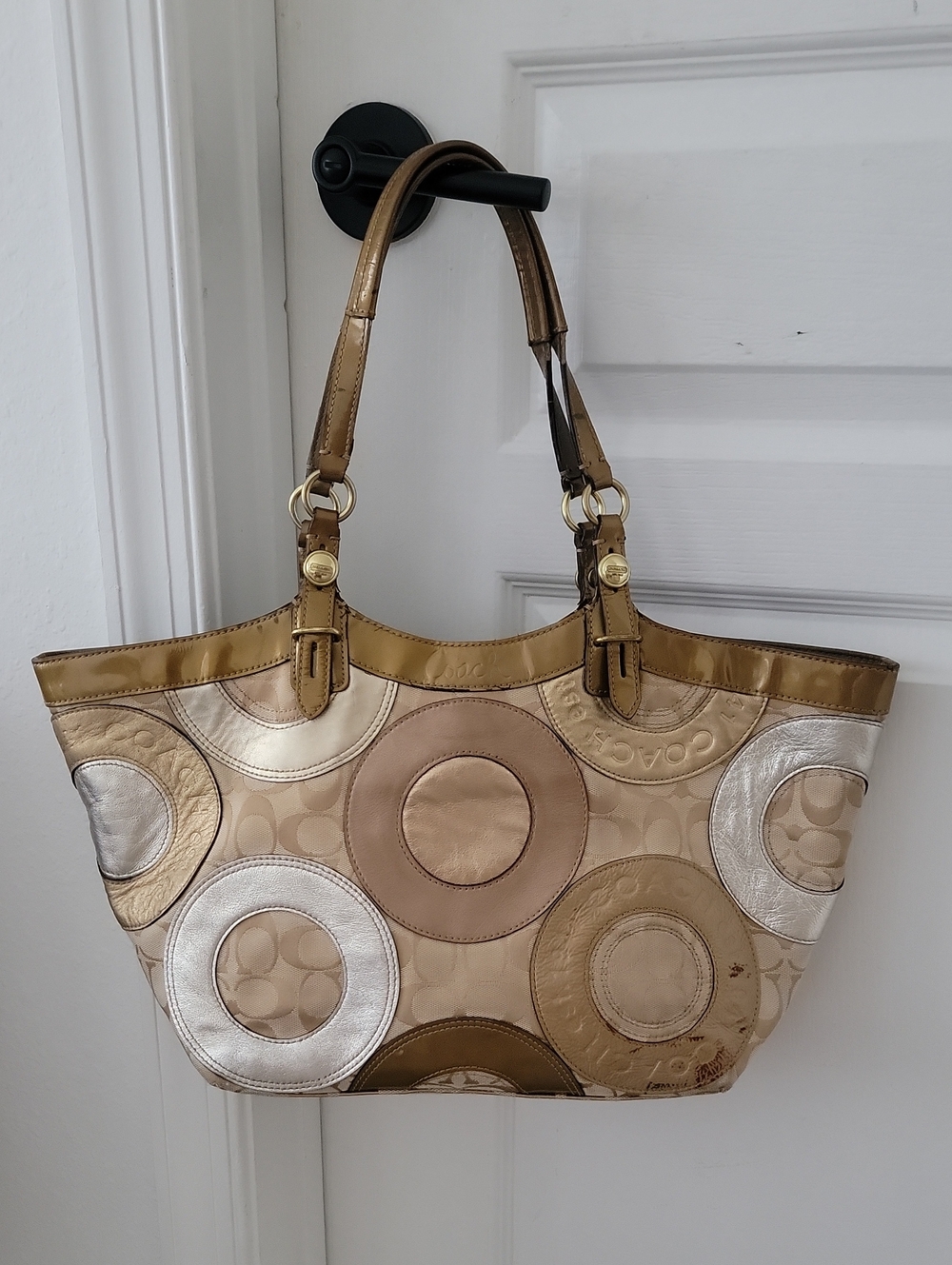 Coach Gold, Beige and Silver Circle Tote